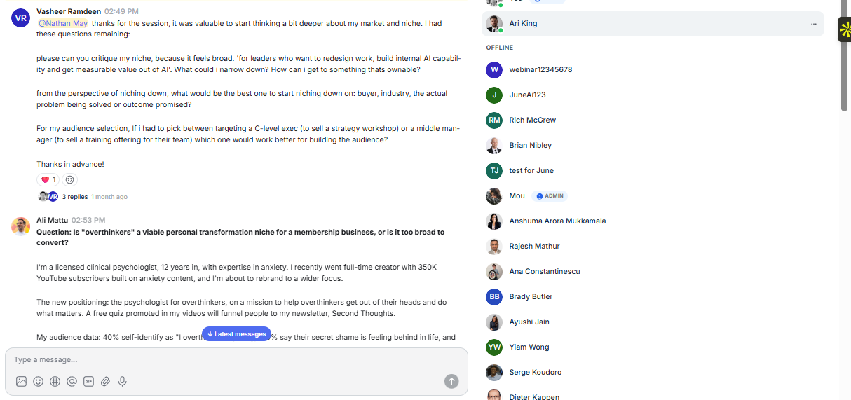The main chat channel in Circle, showing members posting detailed questions about their niche and audience